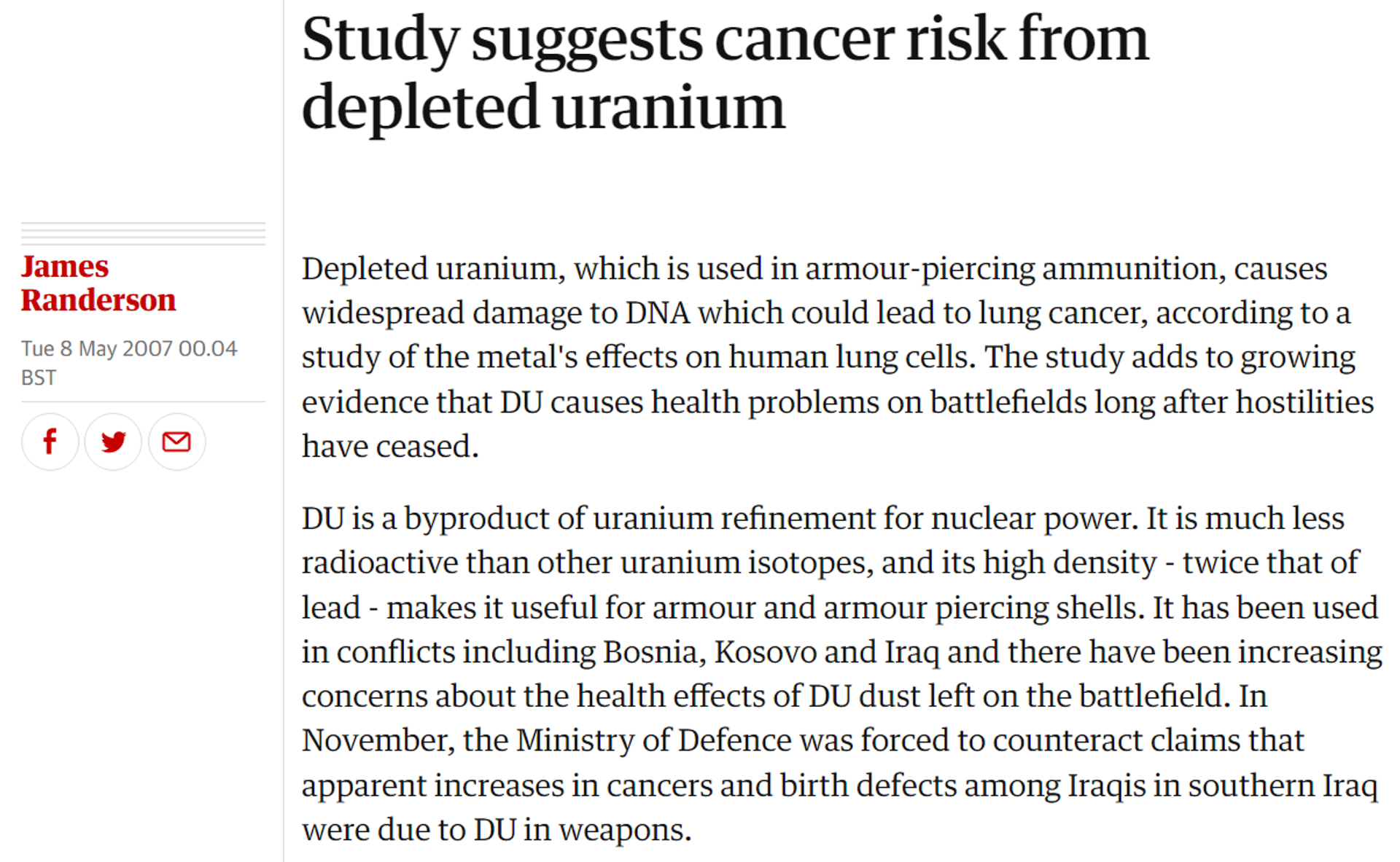 A report in British newspaper The Guardian from 2007 on the health risks associated with radioactive depleted uranium munitions used by the US and other forces in Iraq and the former Yugoslavia - Sputnik International, 1920, 22.03.2023