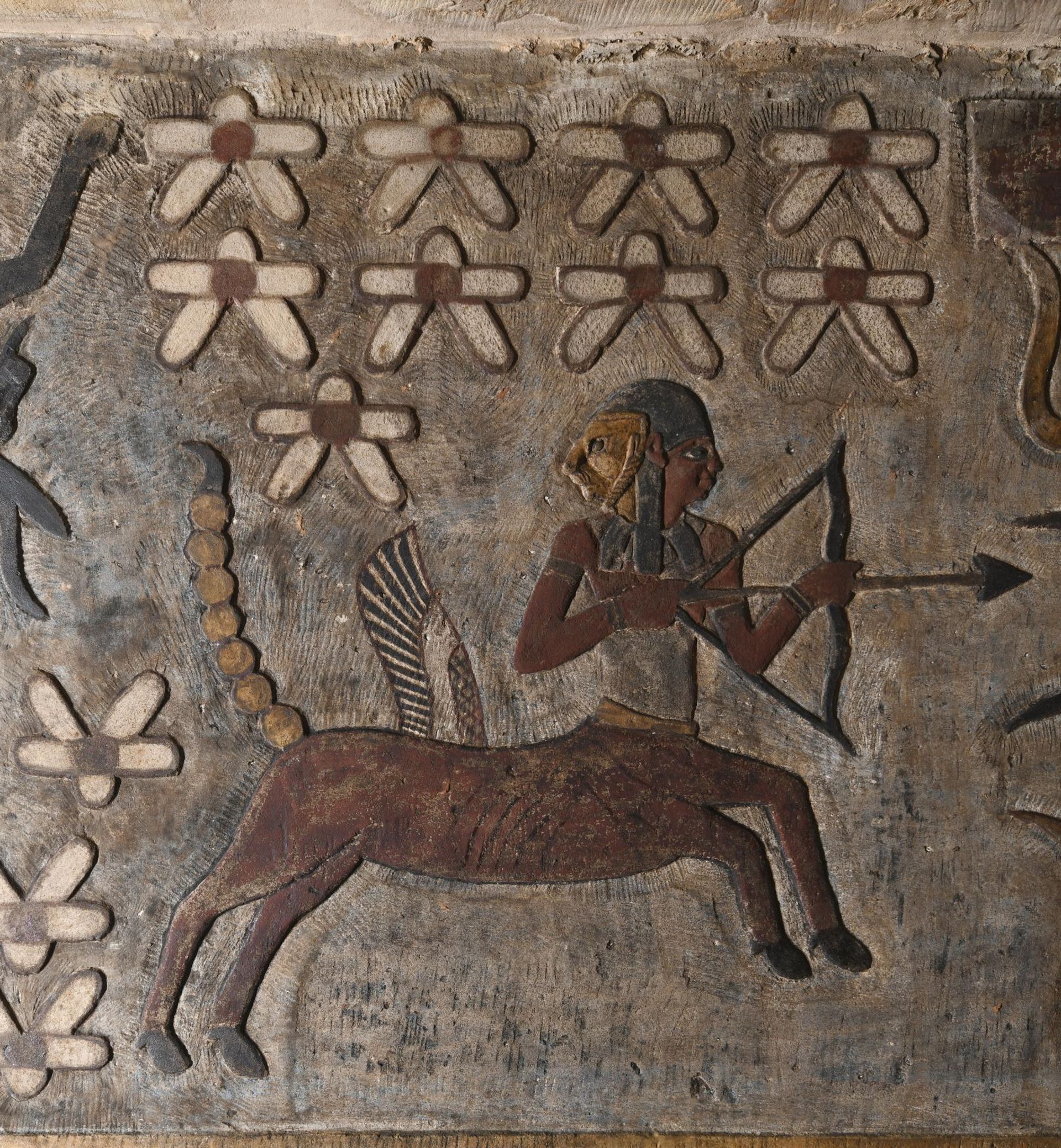 A relief painting of Sagittarius after the grime was cleaned off it. Temple of Khnum, Esna, Egypt. A relief painting of Sagittarius after the grime was cleaned off it. Temple of Khnum, Esna, Egypt. - Sputnik International, 1920, 24.03.2023