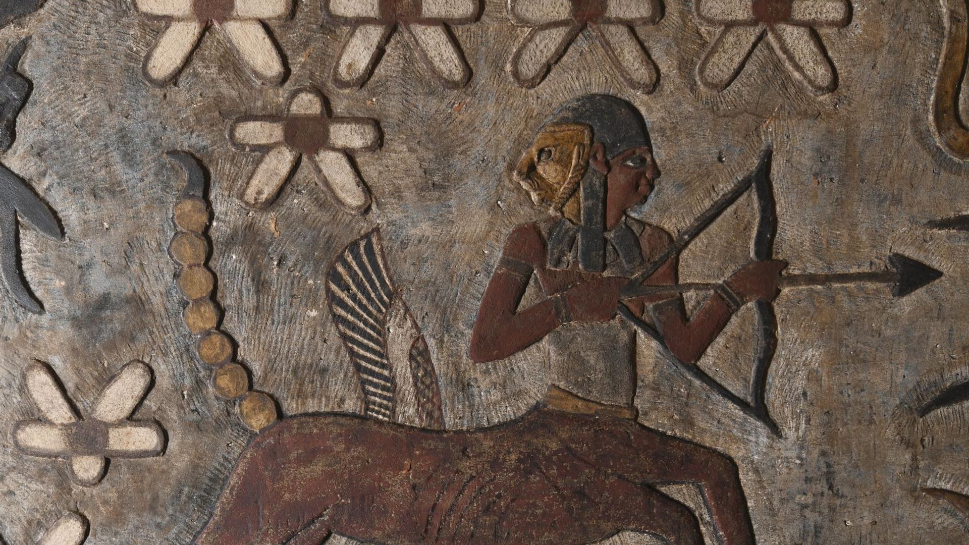 A relief painting of Sagittarius after the grime was cleaned off it. Temple of Khnum, Esna, Egypt. A relief painting of Sagittarius after the grime was cleaned off it. Temple of Khnum, Esna, Egypt. - Sputnik International, 1920, 24.03.2023