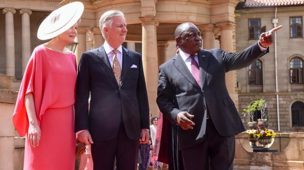 King Philippe of Belgium, center, and Queen Mathilde are welcomed by South African President Cyril Ramaphosa in Pretoria, South Africa, Thursday, March 23, 2023 - Sputnik International