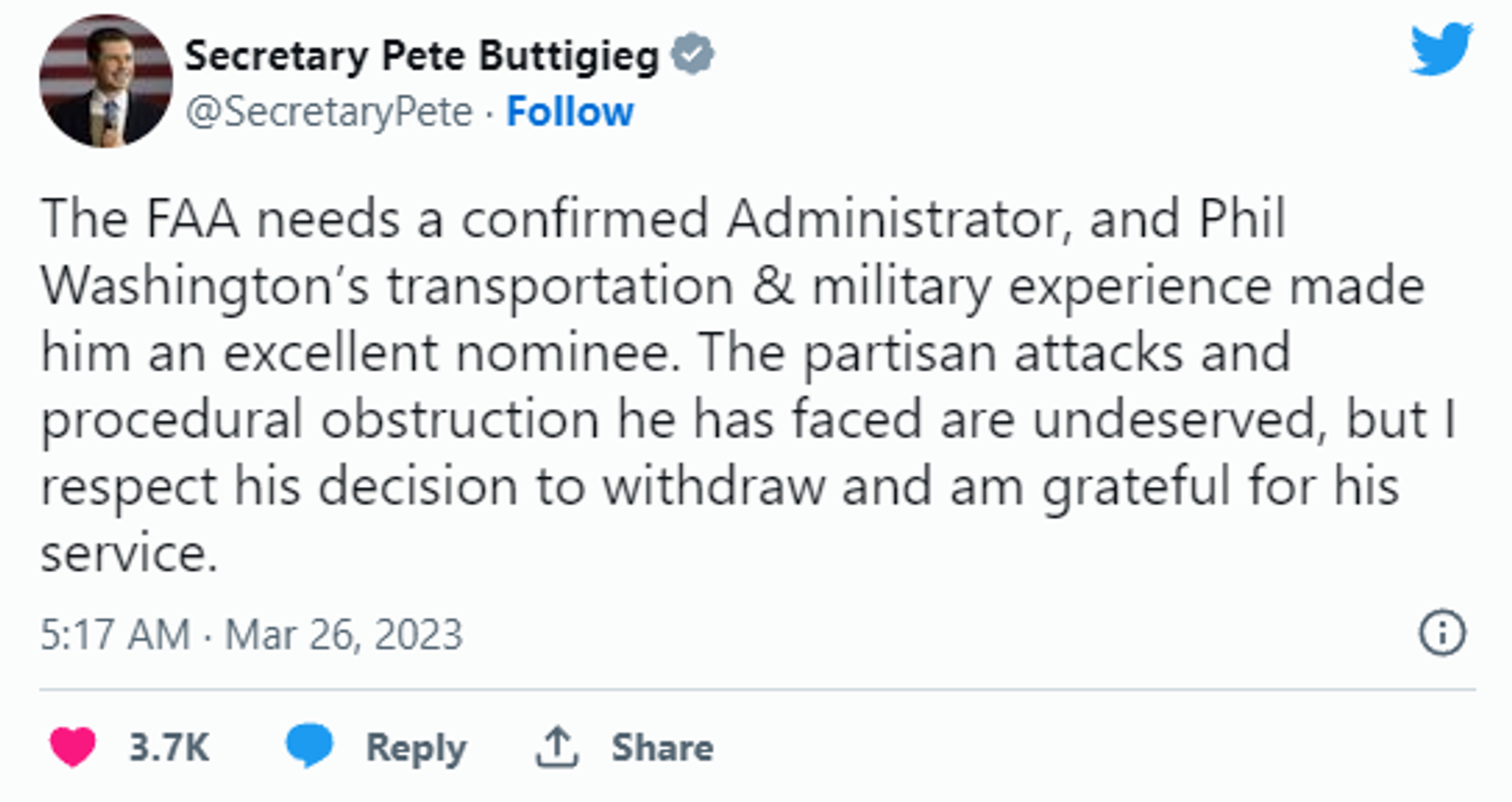 The tweet regarding Washington's hearings in Senate - Sputnik International, 1920, 27.03.2023