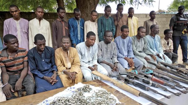 In this Wednesday July.18, 2018 file photo, A group of men identified by Nigerian police as Boko Haram extremist fighters and leaders are shown to the media, in Maiduguri, Nigeria.  - Sputnik International