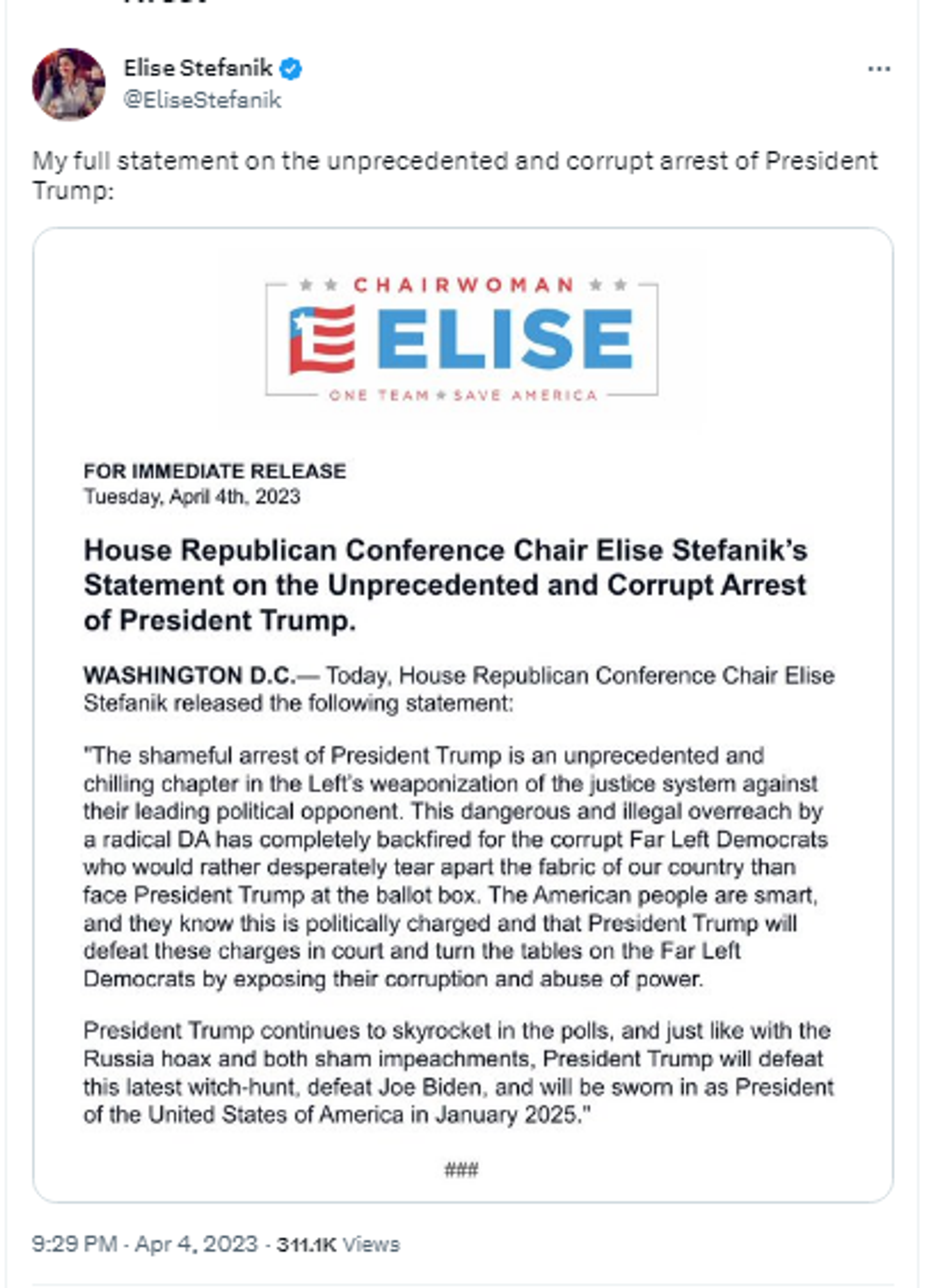 Screenshot of Twitter post by Rep. Elise Stefanik, R-N.Y., the House GOP Conference Chair. Screenshot of Twitter post by Rep. Elise Stefanik, R-N.Y., the House GOP Conference Chair. - Sputnik International, 1920, 05.04.2023