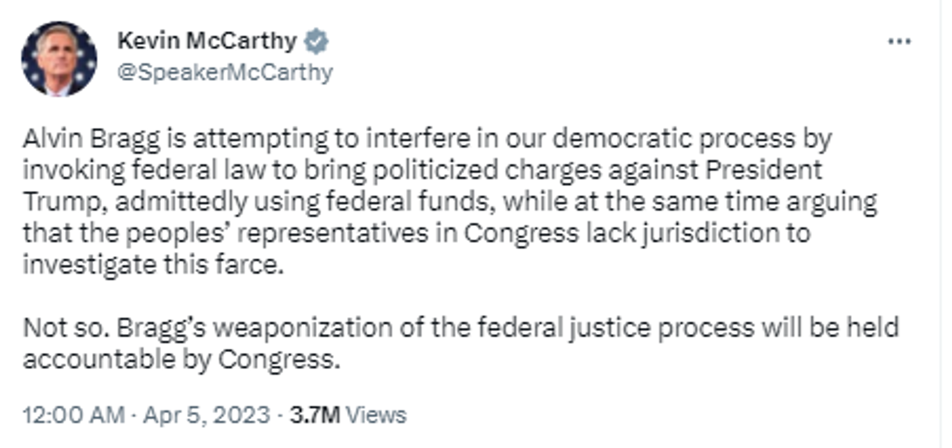 Screenshot of Twitter post by House Speaker Kevin McCarthy. Screenshot of Twitter post by House Speaker Kevin McCarthy. - Sputnik International, 1920, 05.04.2023
