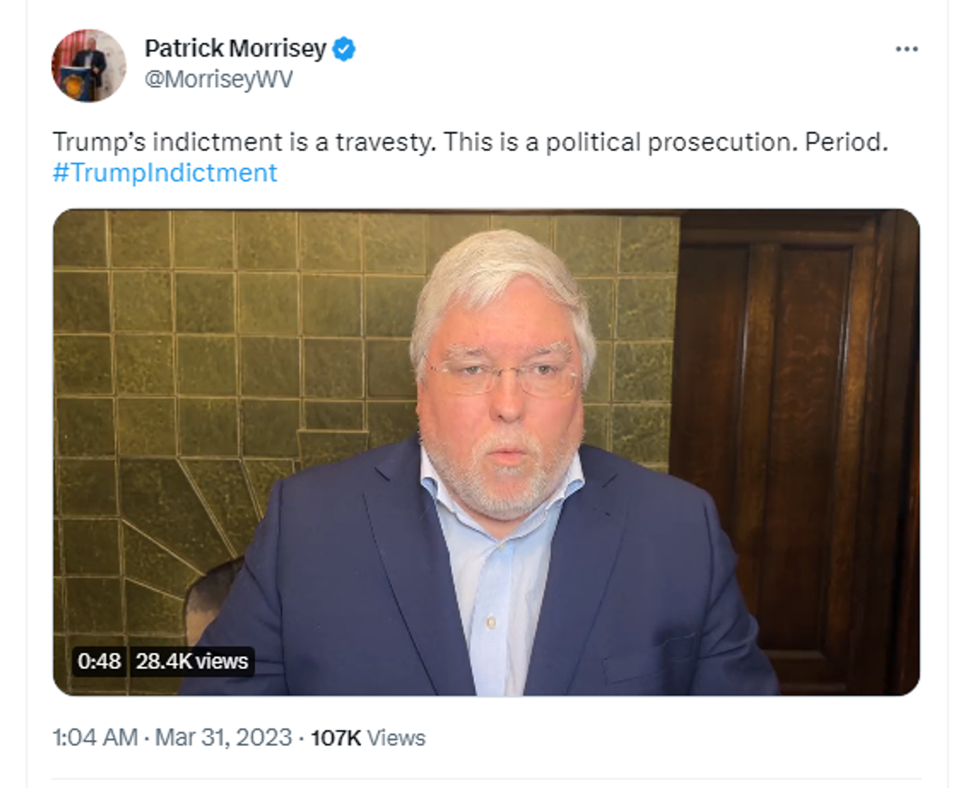 Screenshot of Twitter post by Patrick James Morrisey, serving as the 34th Attorney General of West Virginia. Screenshot of Twitter post by Patrick James Morrisey, serving as the 34th Attorney General of West Virginia. - Sputnik International, 1920, 05.04.2023