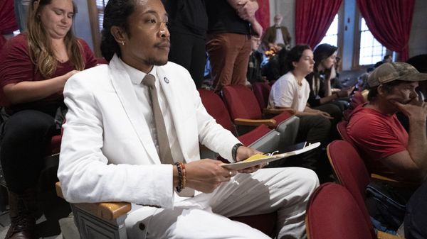 Former Rep. Justin Jones, D-Nashville, sits in the gallery of the House chamber after being expelled from the legislature on Thursday, April 6, 2023, in Nashville, Tenn. Tennessee Republicans are seeking to oust three House Democrats including Jones for using a bullhorn to shout support for pro-gun control protesters in the House chamber. - Sputnik International