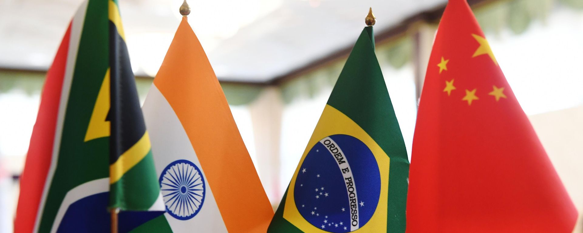 Flags of the BRICS countries: South Africa, India, Brazil and China. - Sputnik International, 1920, 18.04.2023