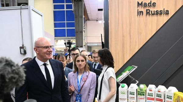 Russian Deputy Prime Minister Dmitry Chernyshenko views the stand of Russia during the 32nd Vietnam International Exhibition (Vietnam Expo 2023) in Hanoi, Vietnam. - Sputnik International