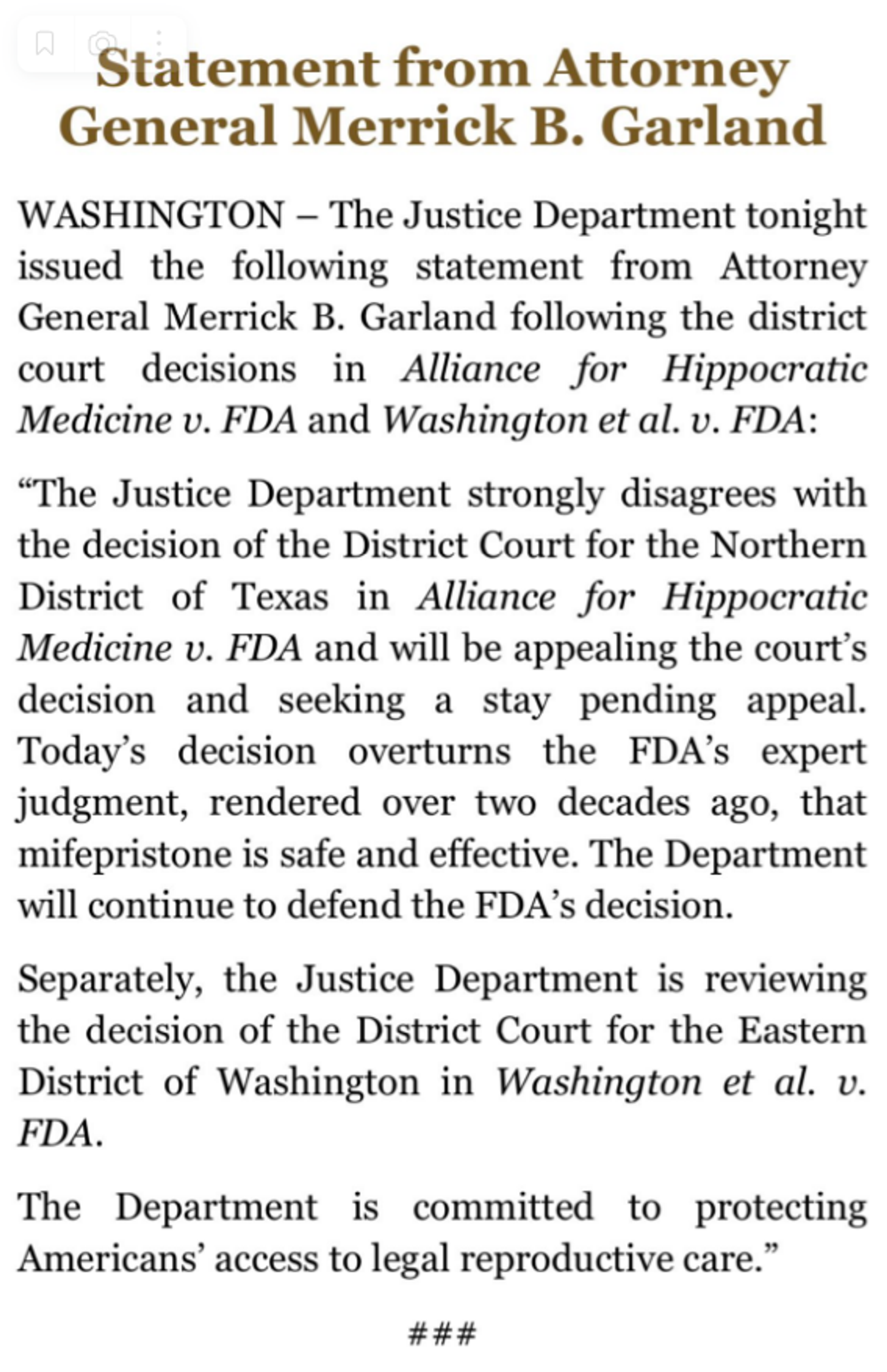 DOJ statement on blocking abortion pill Mifepristone decision. - Sputnik International, 1920, 08.04.2023