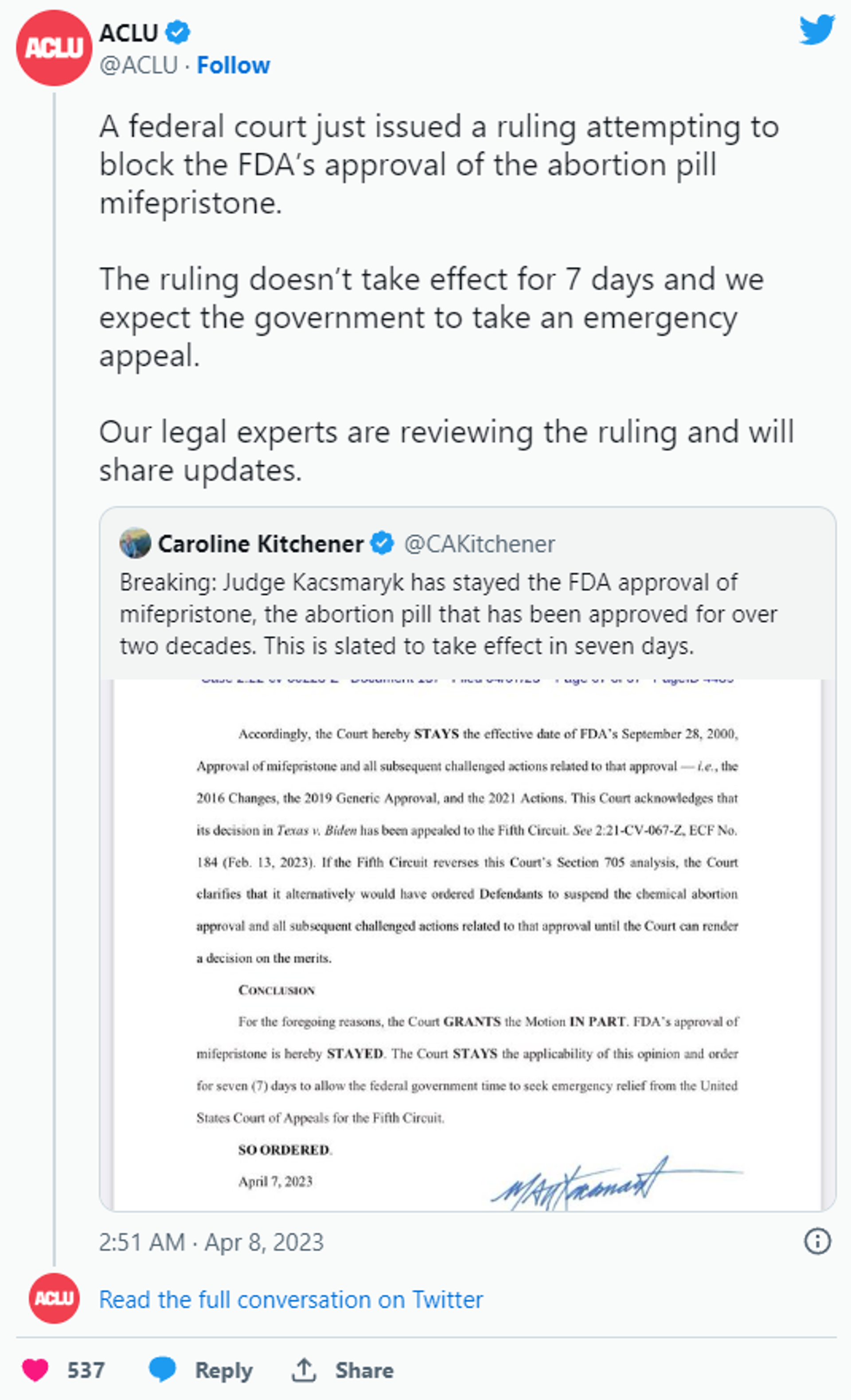 The comment of American Civil Liberties Union on Mifepristone case outcome. - Sputnik International, 1920, 08.04.2023