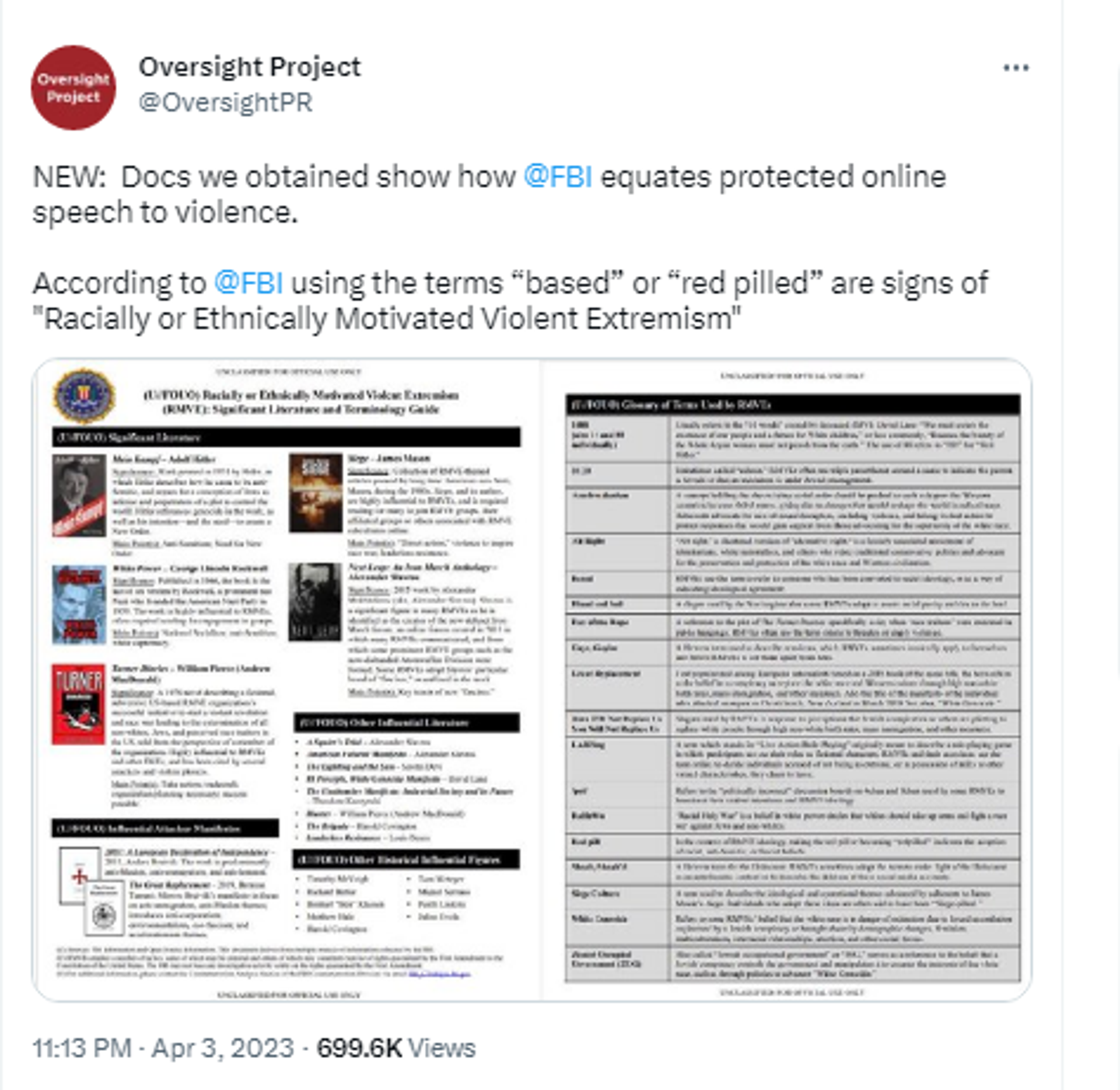 Screenshot of Twitter post by the Heritage Foundation’s Oversight Project.  - Sputnik International, 1920, 10.04.2023