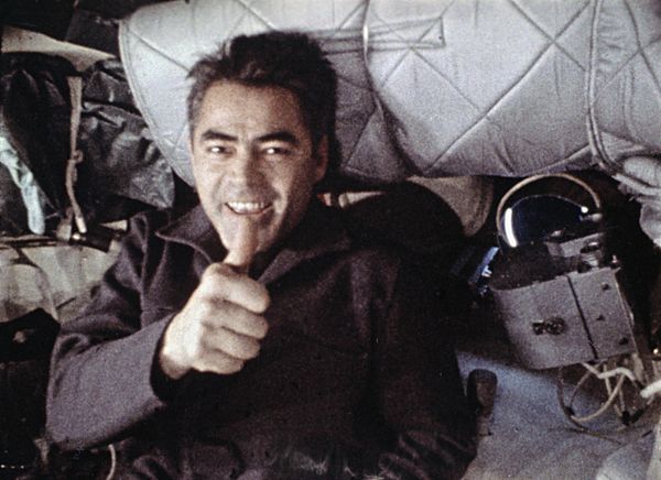 Still from the film "Flight Into the Future." Central Studio for Popular Science and Educational Films (Tsentrnauchfilm). USSR cosmonaut, crew commander Andriyan Nikolayev in the cabin of the Soyuz-9 spacecraft during flight.Andriyan Grigoryevich Nikolayev became the third Soviet cosmonaut to go into space in 1962 on board the Vostok 3. He was the first person to make a TV broadcast from space and also the first to record music in space. - Sputnik International