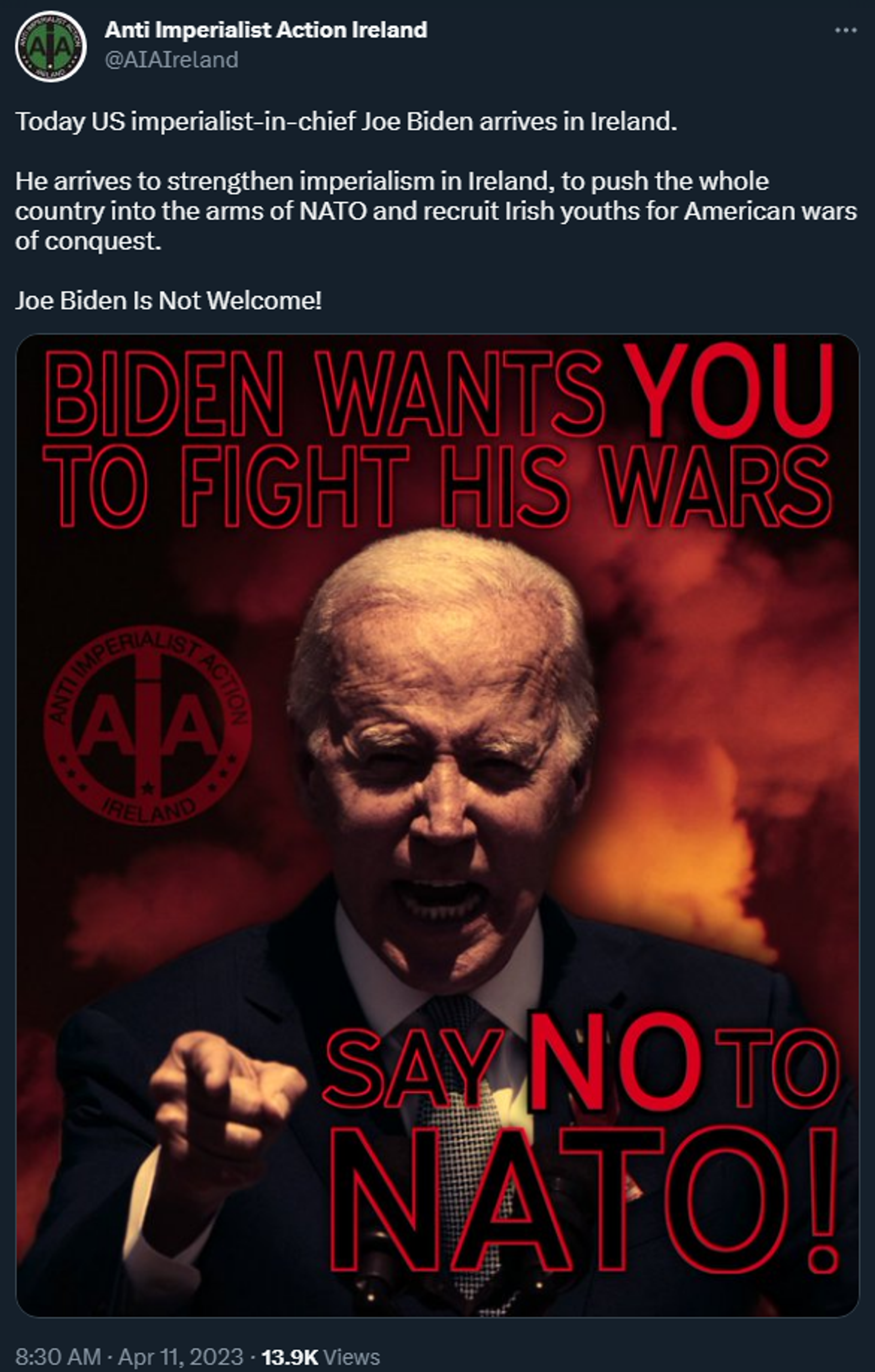 A tweet advertising a protest against US president Joe Biden's visit to Ireland in April 2023 - Sputnik International, 1920, 12.04.2023