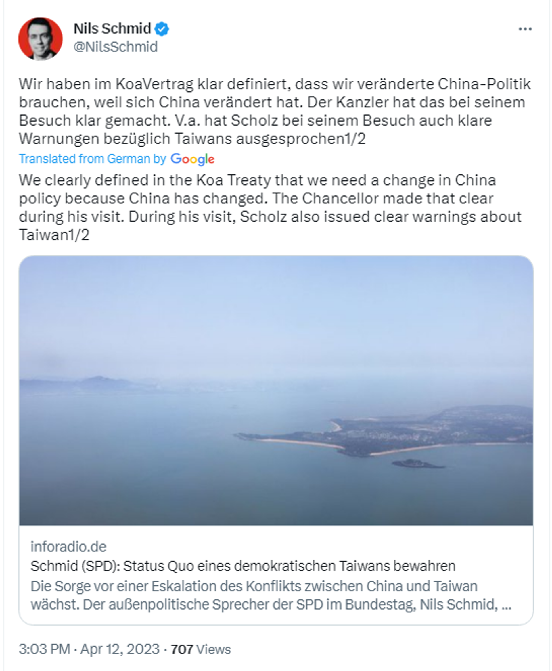 Screenshot of Twitter post by Nils Schmid, the foreign policy spokesperson for German Chancellor Olaf Scholz's Social Democratic Party (SPD). Screenshot of Twitter post by Nils Schmid, the foreign policy spokesperson for German Chancellor Olaf Scholz's Social Democratic Party (SPD). - Sputnik International, 1920, 13.04.2023