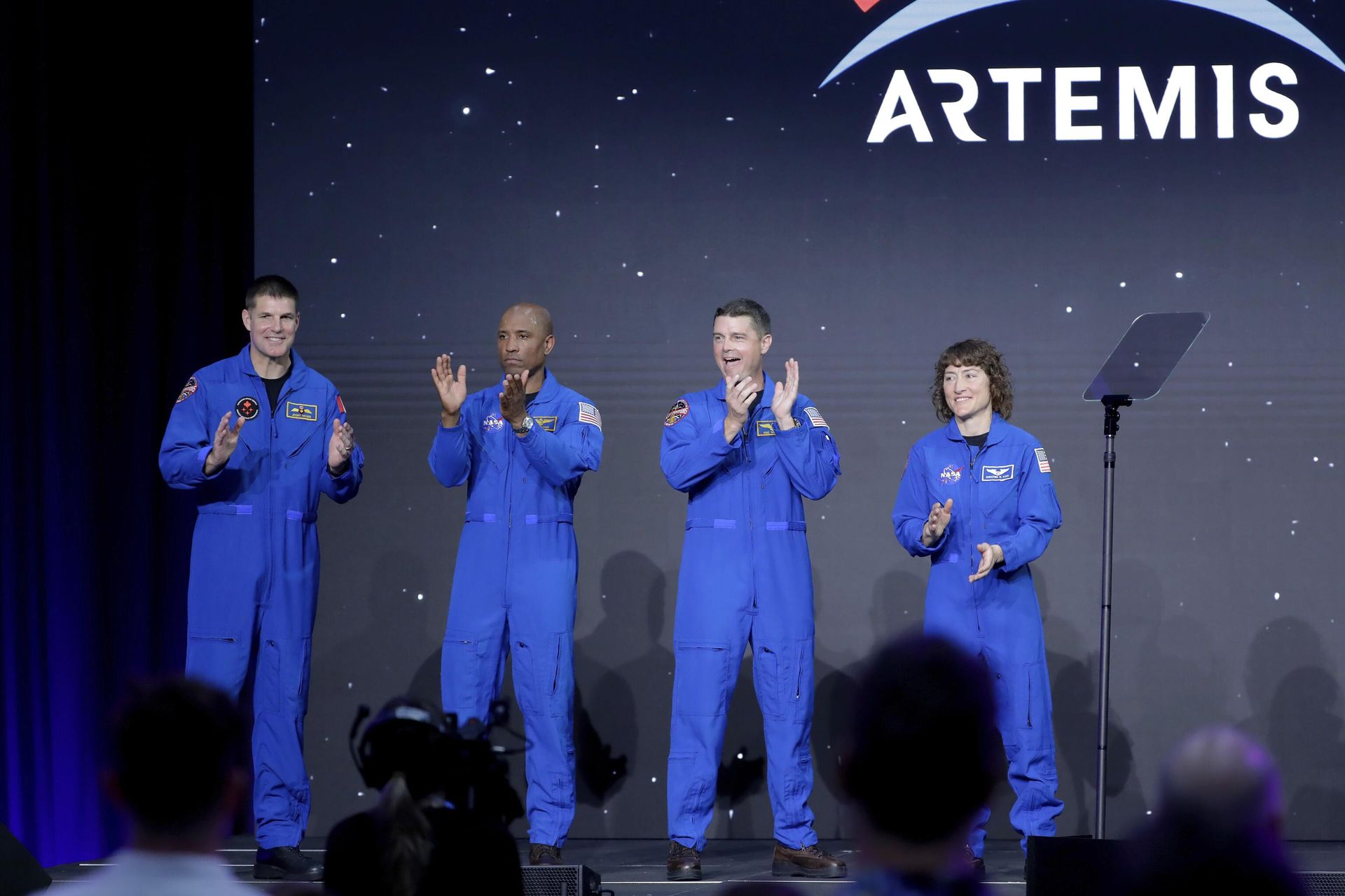 From left, Jeremy Hansen, Victor Glover, Reid Wiseman and Christina Hammock Koch, celebrate on stage as they are announced as the Artemis II crew during a NASA ceremony naming the four astronauts who will fly around the moon by the end of next year, at a ceremony held in the NASA hangar at Ellington airport Monday, April 3, 2023, in Houston. This crew will not land or even go into lunar orbit. Rather, they will fly around the moon and head straight back to Earth. The 10-day mission will be a prelude to a lunar landing a year later. From left, Jeremy Hansen, Victor Glover, Reid Wiseman and Christina Hammock Koch, celebrate on stage as they are announced as the Artemis II crew during a NASA ceremony naming the four astronauts who will fly around the moon by the end of next year, at a ceremony held in the NASA hangar at Ellington airport Monday, April 3, 2023, in Houston. This crew will not land or even go into lunar orbit. Rather, they will fly around the moon and head straight back to Earth. The 10-day mission will be a prelude to a lunar landing a year later. - Sputnik International, 1920, 18.04.2023