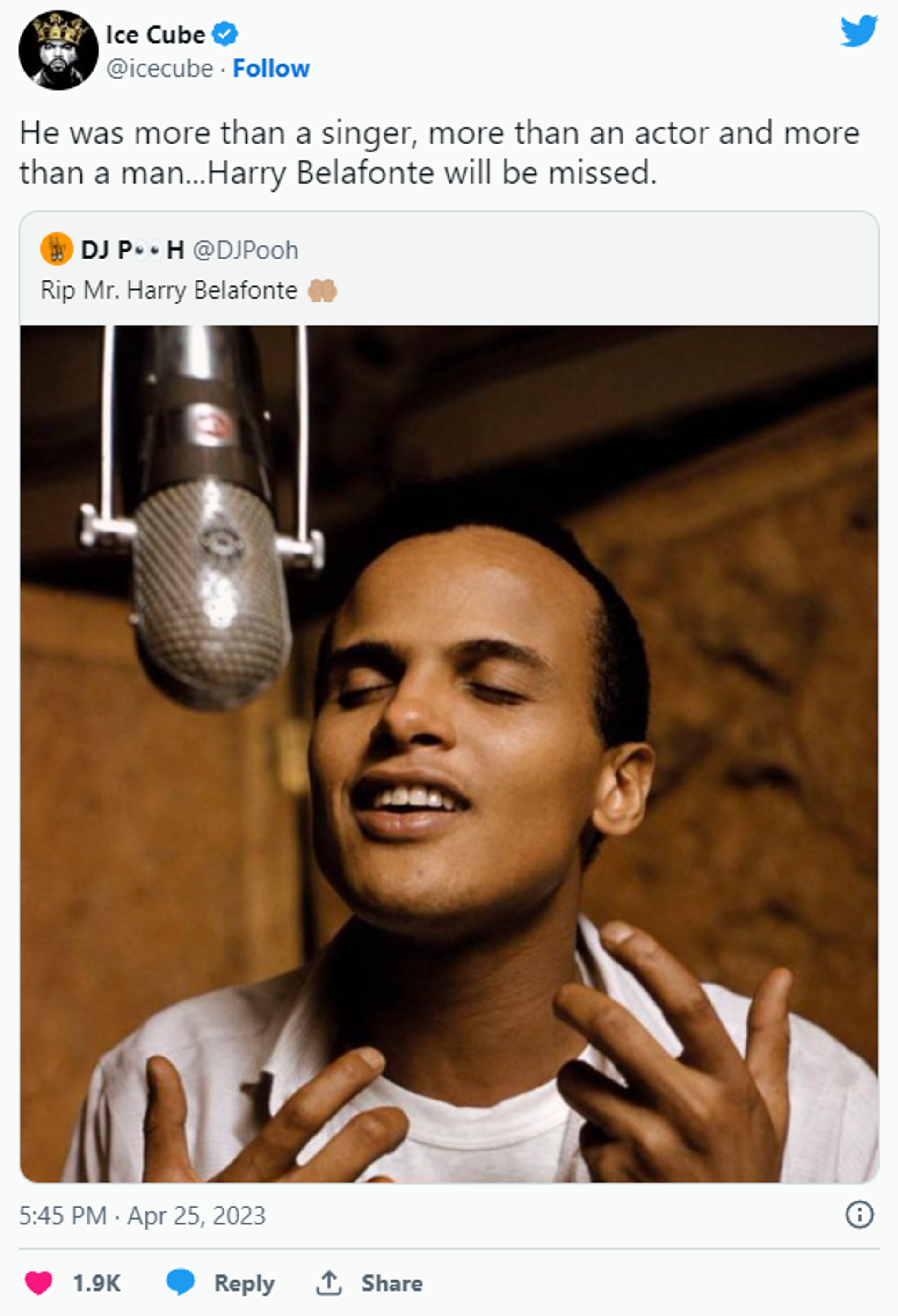 Artist Ice Cube expresses its condolences on the death of Belafonte - Sputnik International, 1920, 25.04.2023