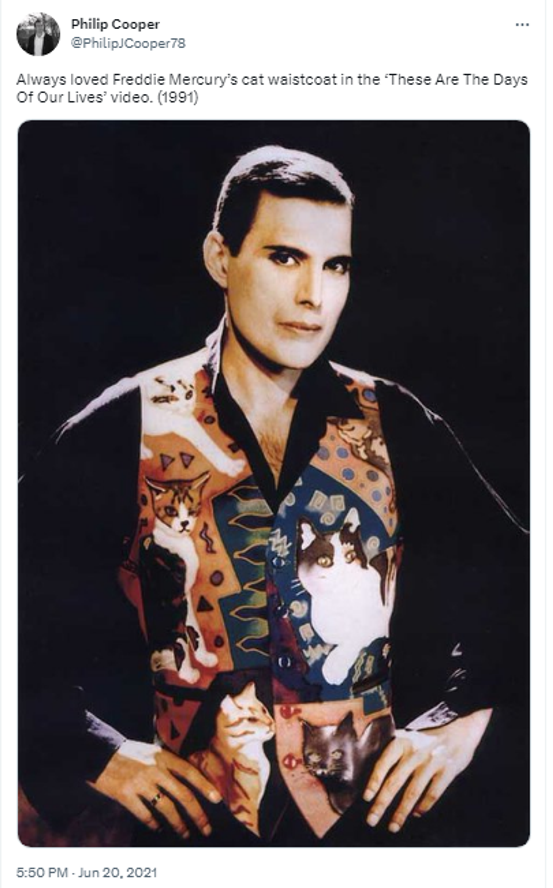 Twitter screenshot featuring Freddie Mercury's waistcoat, worn in his final video, These are the Days of Our Lives, in 1991. The panels are each hand-painted with one of Mercury's cats. Twitter screenshot featuring Freddie Mercury's waistcoat, worn in his final video, These are the Days of Our Lives, in 1991. The panels are each hand-painted with one of Mercury's cats. - Sputnik International, 1920, 26.04.2023