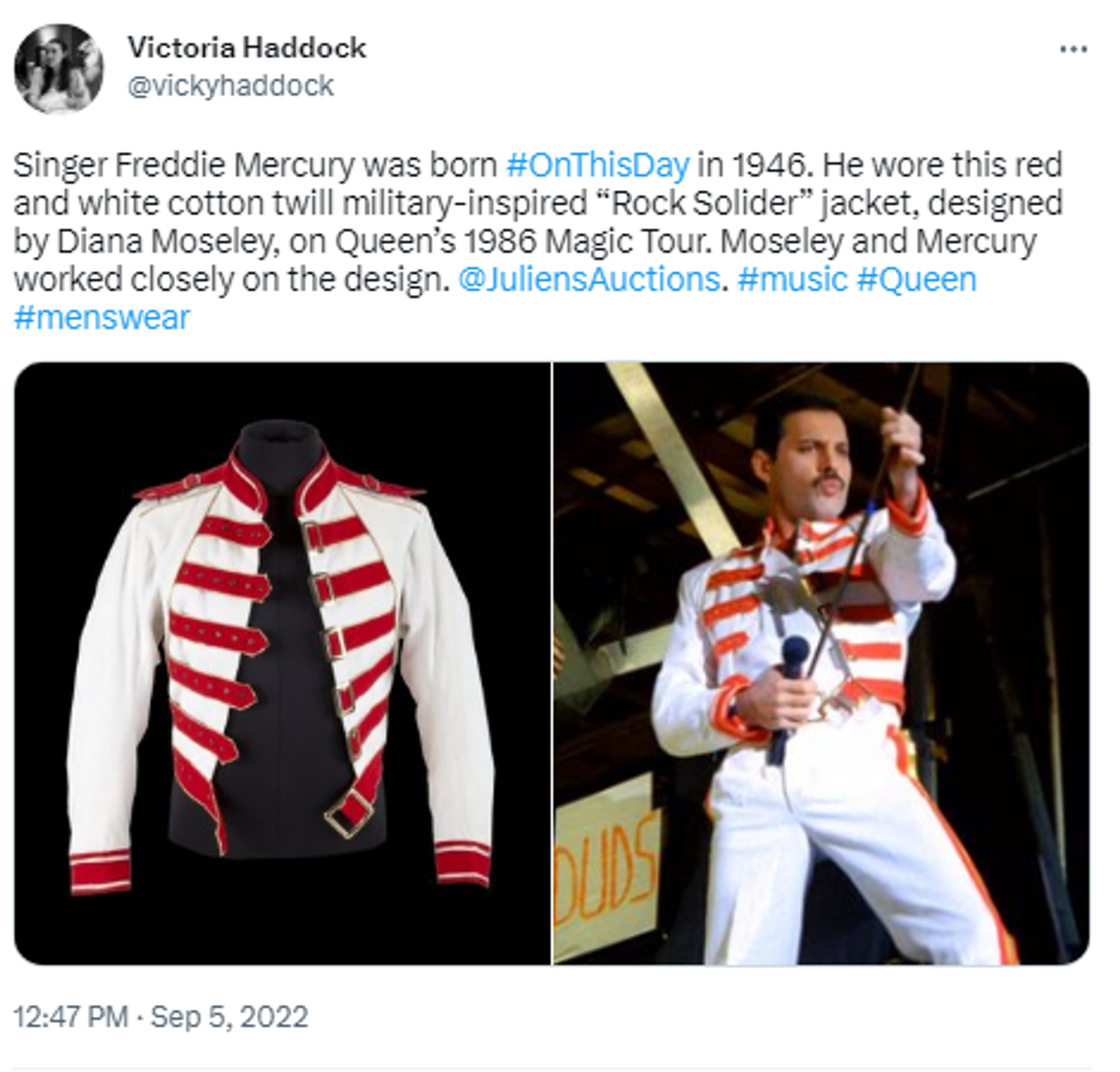 Twitter screenshot of Freddie Mercury wearing a military-style jacket. Twitter screenshot of Freddie Mercury wearing a military-style jacket. - Sputnik International, 1920, 26.04.2023