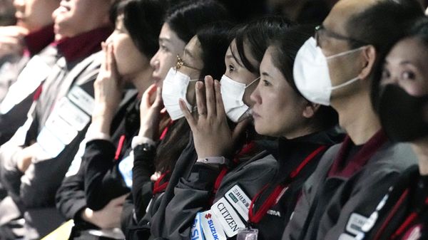 Guests watch livestream of HAKUTO-R private lunar exploration program on screen during the lunar landing event Wednesday, April 26, 2023, at Miraikan, the National Museum of Emerging Science and Innovation, in Tokyo. - Sputnik International