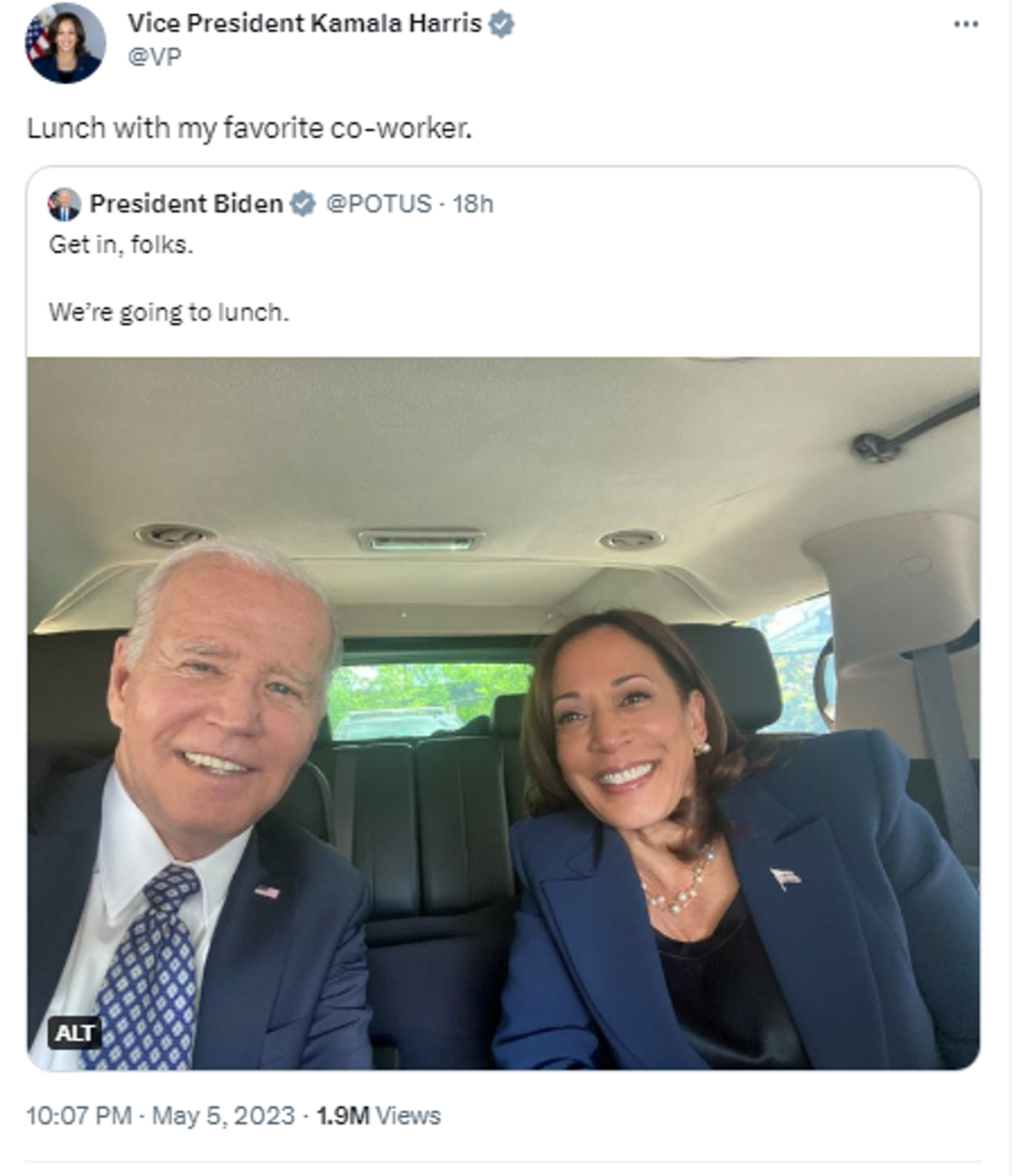 Screenshot of Twitter account of US Vice President Kamala Harris showing photo of her with President Joe Biden in a car. - Sputnik International, 1920, 06.05.2023