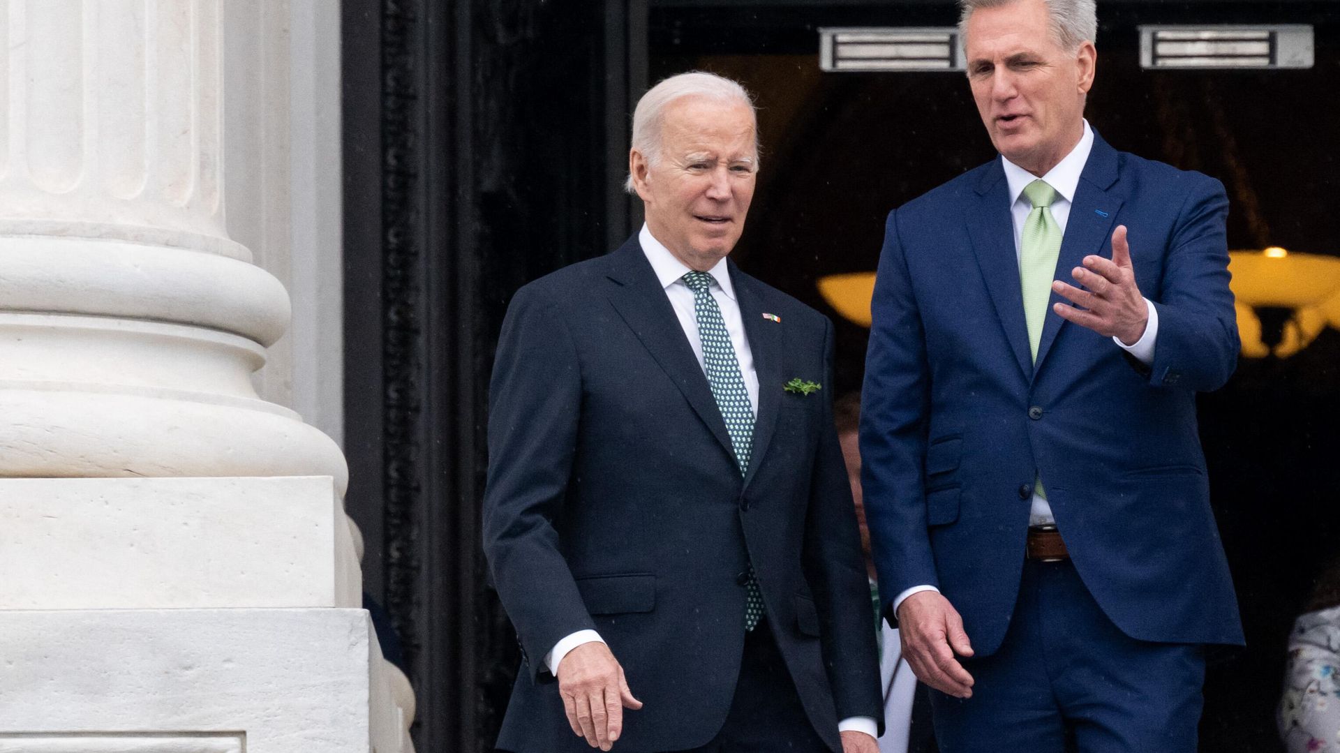 US President Joe Biden, accompanied by Speaker of the House Kevin McCarthy, Republican of California, departs after the annual Friends of Ireland luncheon on St. Patrick's Day at the US Capitol in Washington, DC, on March 17, 2023 US President Joe Biden, accompanied by Speaker of the House Kevin McCarthy, Republican of California, departs after the annual Friends of Ireland luncheon on St. Patrick's Day at the US Capitol in Washington, DC, on March 17, 2023 - Sputnik International, 1920, 23.05.2023