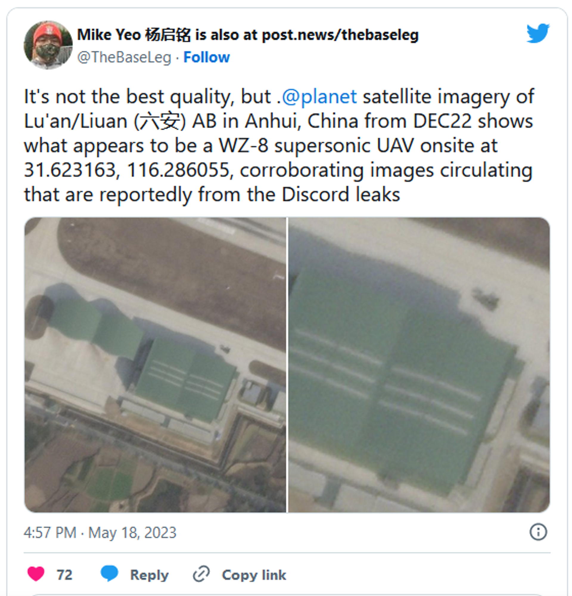 Analysis of what appears to be a WZ-8 drone at a military airbase in Lu'an, China. - Sputnik International, 1920, 20.05.2023