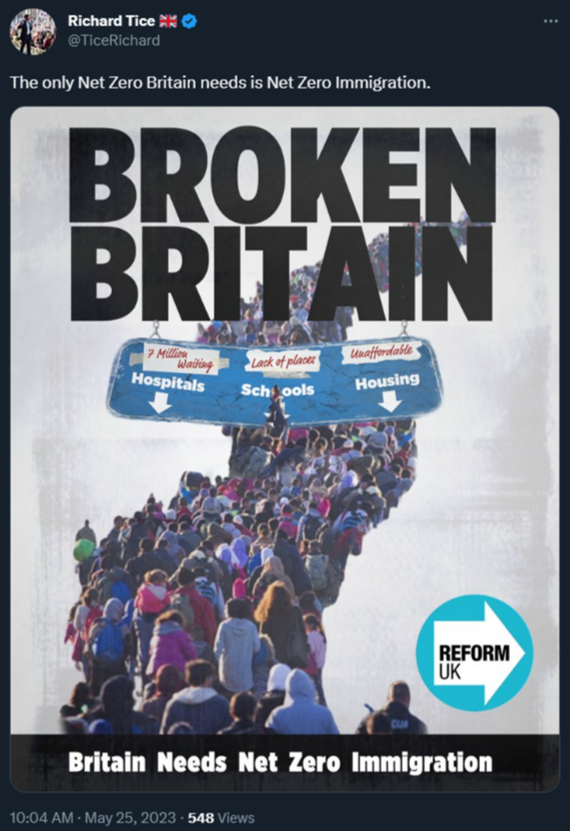 Tweet by Reform Party leader Richard Tice in response to record levels of net immigration to the UK - Sputnik International, 1920, 25.05.2023