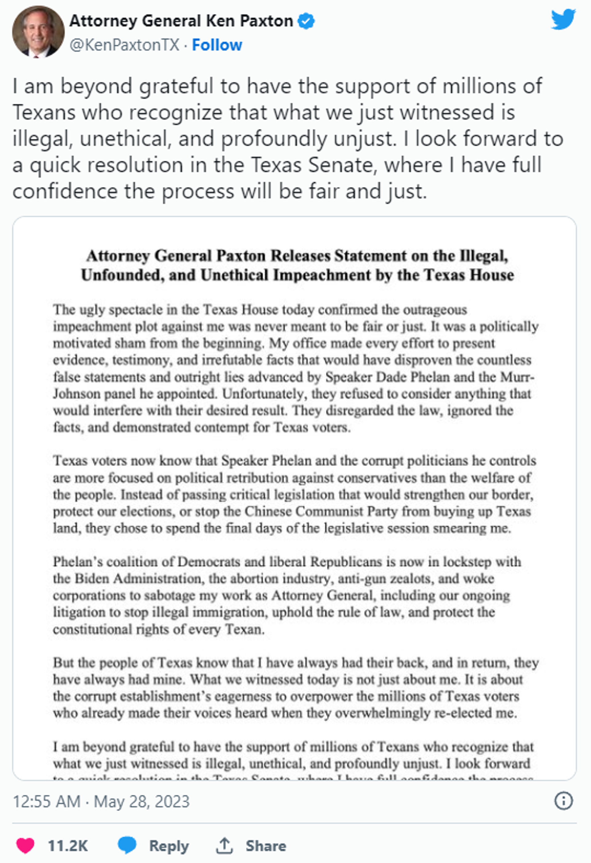 Ken Paxton's statement on the results of the vote regarding his impeachment. - Sputnik International, 1920, 28.05.2023
