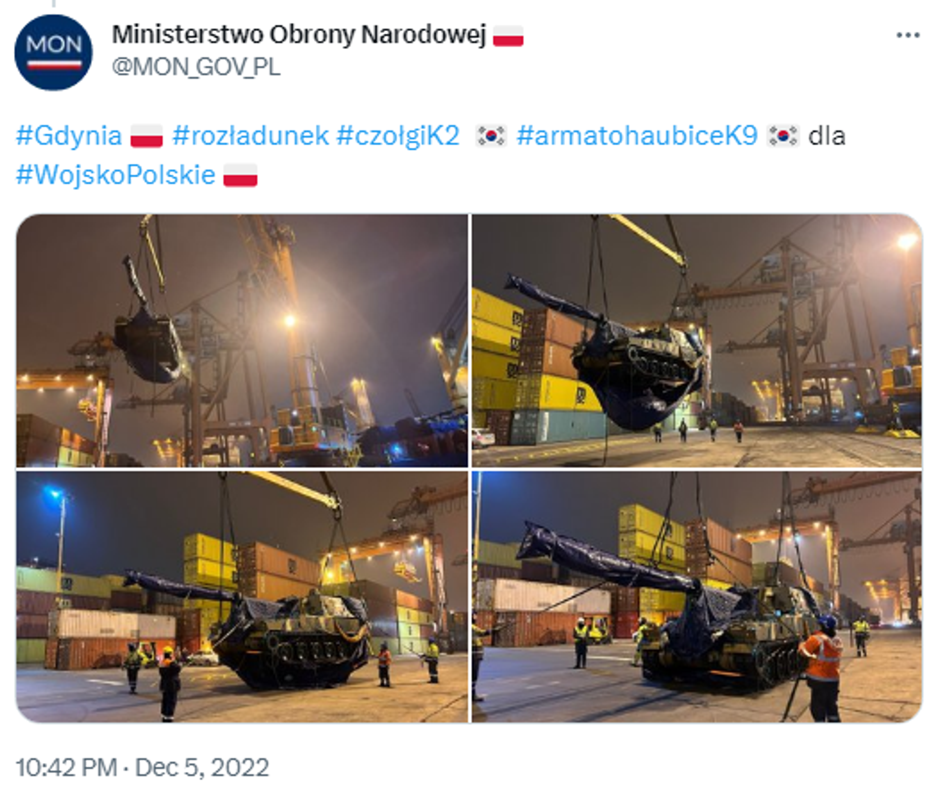 Twitter screenshot showing Poland receiving the first delivery of tanks and howitzers purchased from South Korea.  - Sputnik International, 1920, 29.05.2023