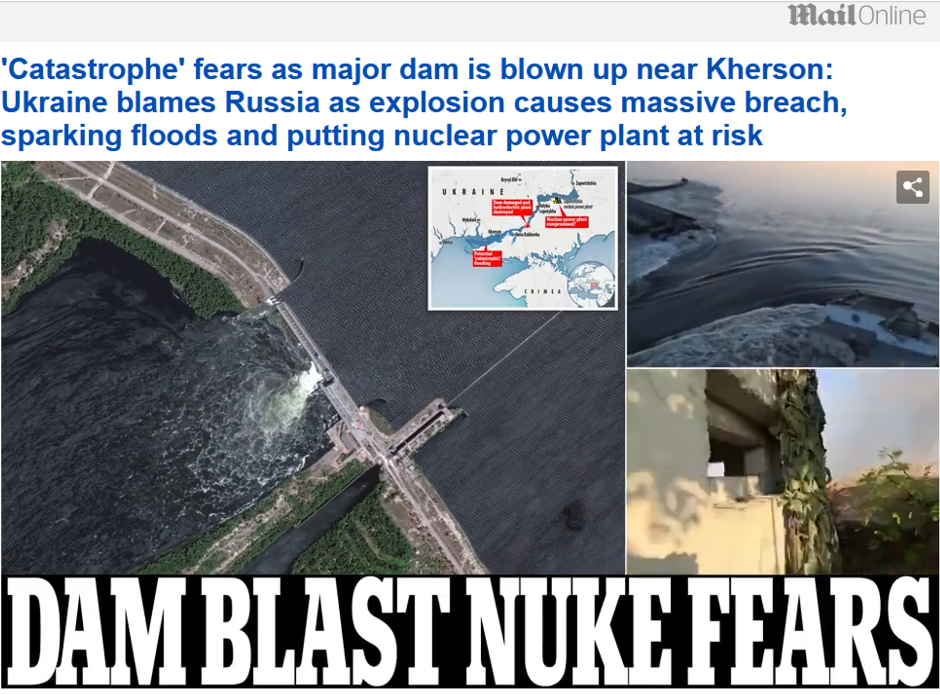 Screengrab of Daily Mail's take on the destruction of the Kakhovka hydroelectric plant's dam blaming Russia. - Sputnik International, 1920, 06.06.2023