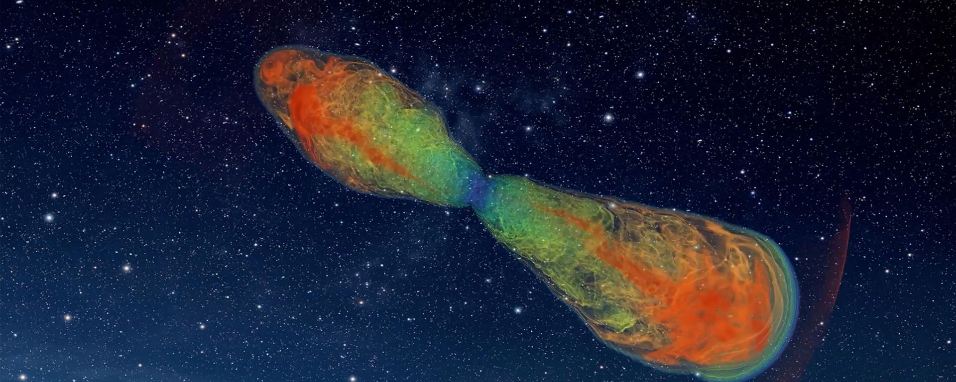 A depiction of a dying star's cocoon (in yellow-green) surrounding a jet of energized material shooting out of a black hole (in red). - Sputnik International, 1920, 07.06.2023