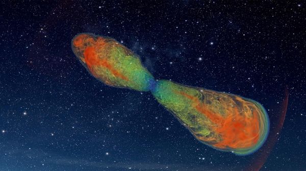 A depiction of a dying star's cocoon (in yellow-green) surrounding a jet of energized material shooting out of a black hole (in red). - Sputnik International