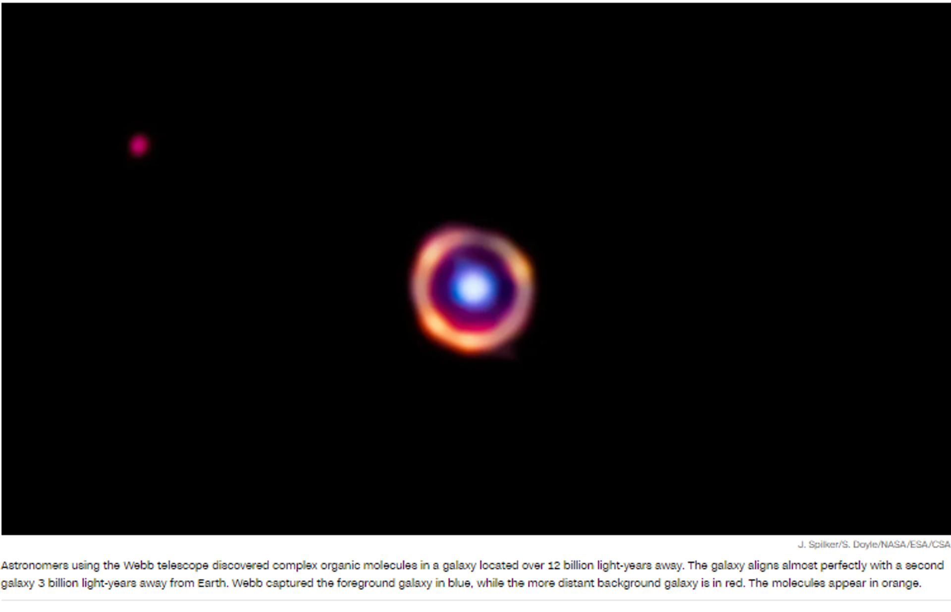 Screenshot showing the galaxy observed by the James Webb Space Telescope with an Einstein ring caused by a phenomenon known as lensing. - Sputnik International, 1920, 07.06.2023