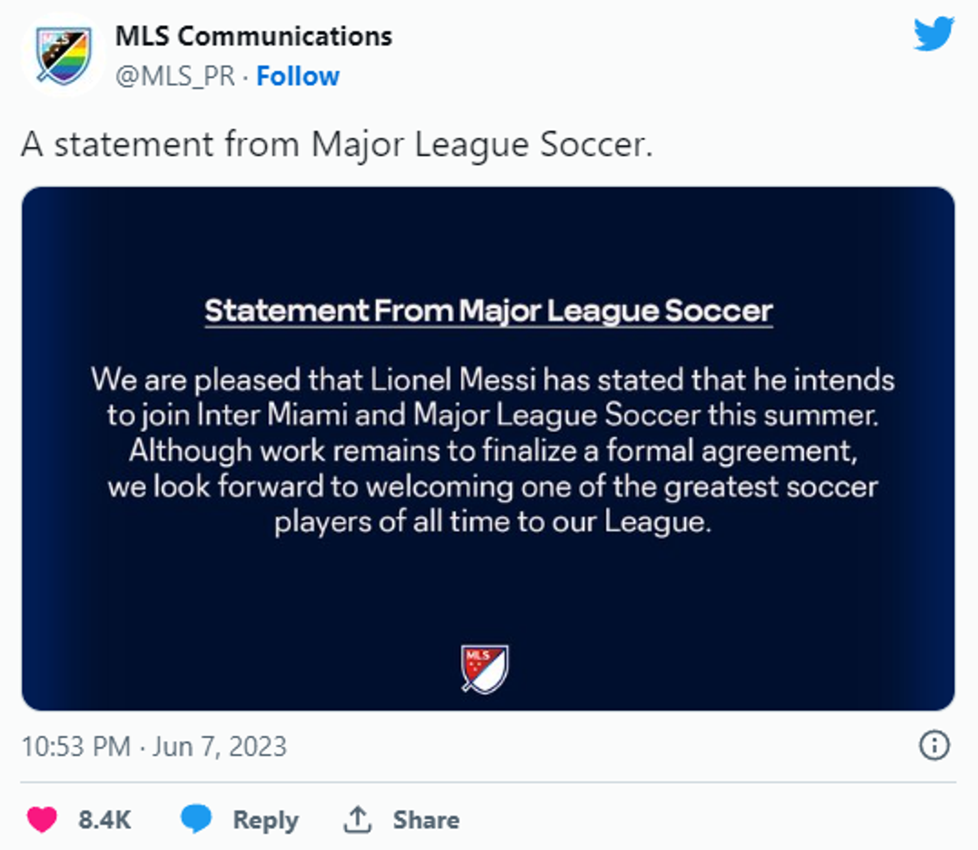 Official MLS statement on Messi's decision. - Sputnik International, 1920, 07.06.2023