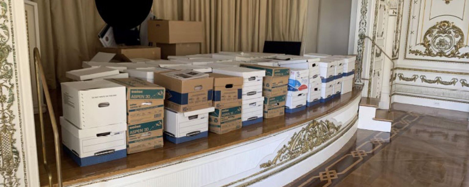 This image, contained in the indictment against former President Donald Trump, shows boxes of records being stored on the stage in the White and Gold Ballroom at Trump's Mar-a-Lago estate in Palm Beach, Fla. Trump is facing 37 felony charges related to the mishandling of classified documents according to an indictment unsealed Friday, June 9, 2023.  - Sputnik International, 1920, 10.06.2023