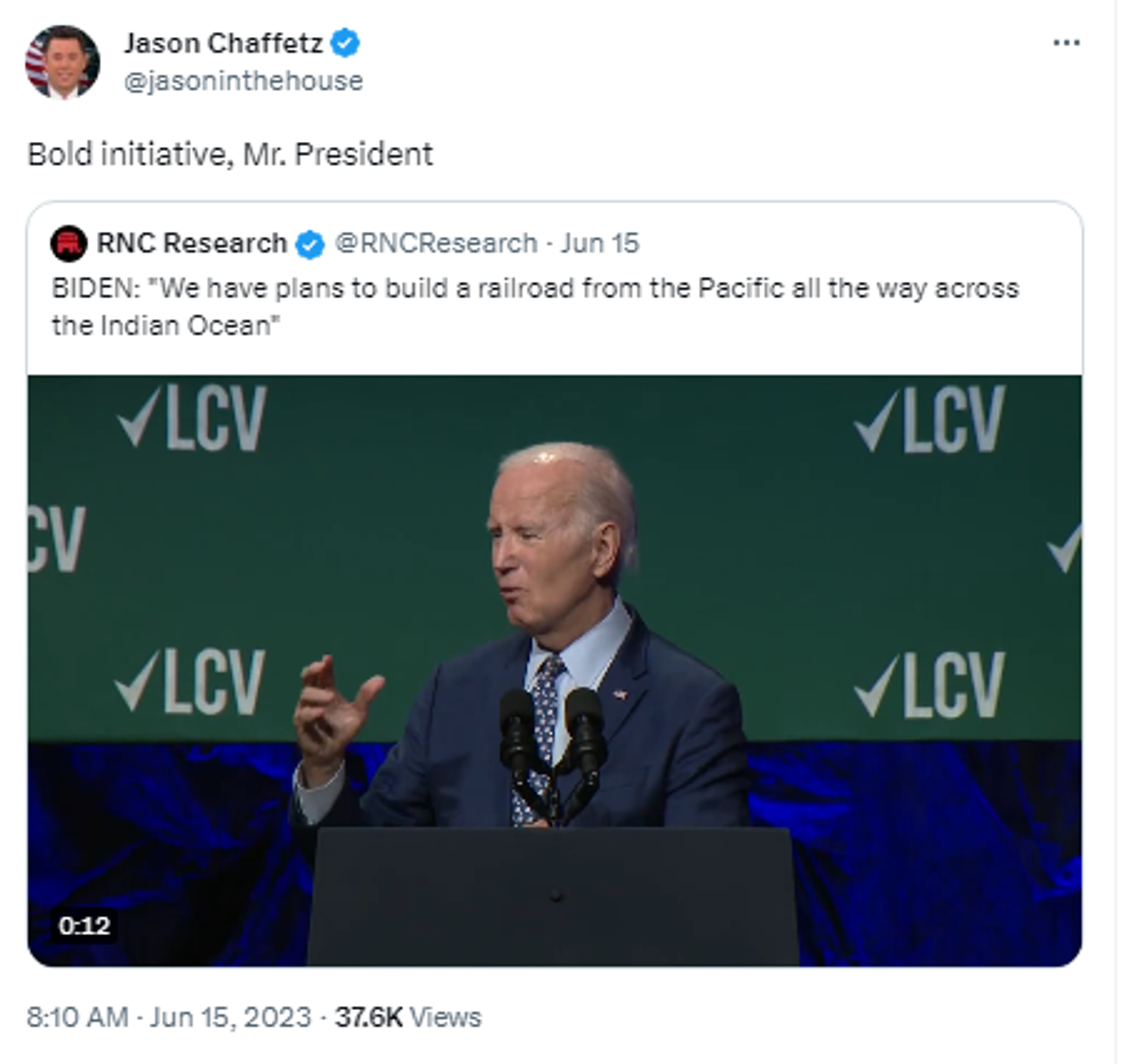 Screenshot of Twitter post by Fox News contributor and former GOP Congressman Jason Chaffetz, featuring footage of President Joe Biden. Screenshot of Twitter post by Fox News contributor and former GOP Congressman Jason Chaffetz, featuring footage of President Joe Biden. - Sputnik International, 1920, 16.06.2023