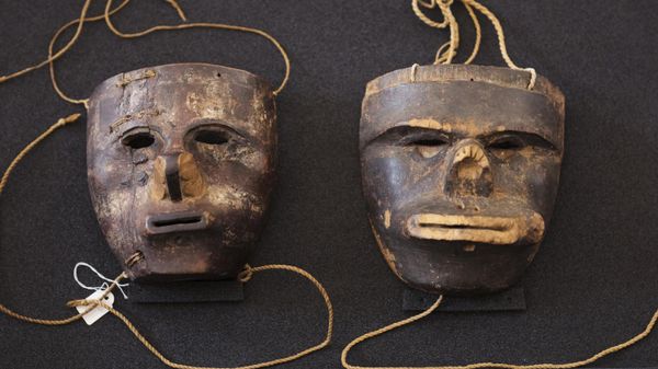 Two masks of the indigenous community of the Kogi from the Sierra Nevada de Santa Marta in Colombia are displayed at German President residence Bellevue Palace in Berlin, Germany, Friday, June 16, 2023. - Sputnik International