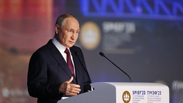 Russian President Vladimir Putin gives a speech at a plenary session of the Saint Petersburg International Economic Forum (SPIEF) in Saint Petersburg on June 16, 2023. (Photo by Ramil SITDIKOV / SPUTNIK / AFP) - Sputnik International