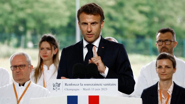 French President Emmanuel Macron delivers a speech during his visit at the Aguettant pharmaceutical laboratory during a visit on the theme of the relocation of drugs production in Champagne on June 13, 2023 - Sputnik International