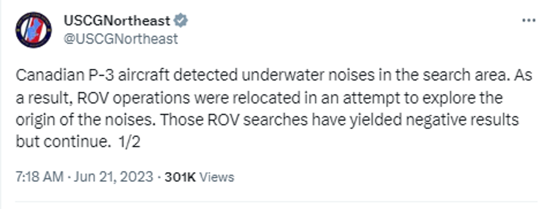 Screenshot of Twitter post by US Coast Guard Northeast. - Sputnik International, 1920, 21.06.2023