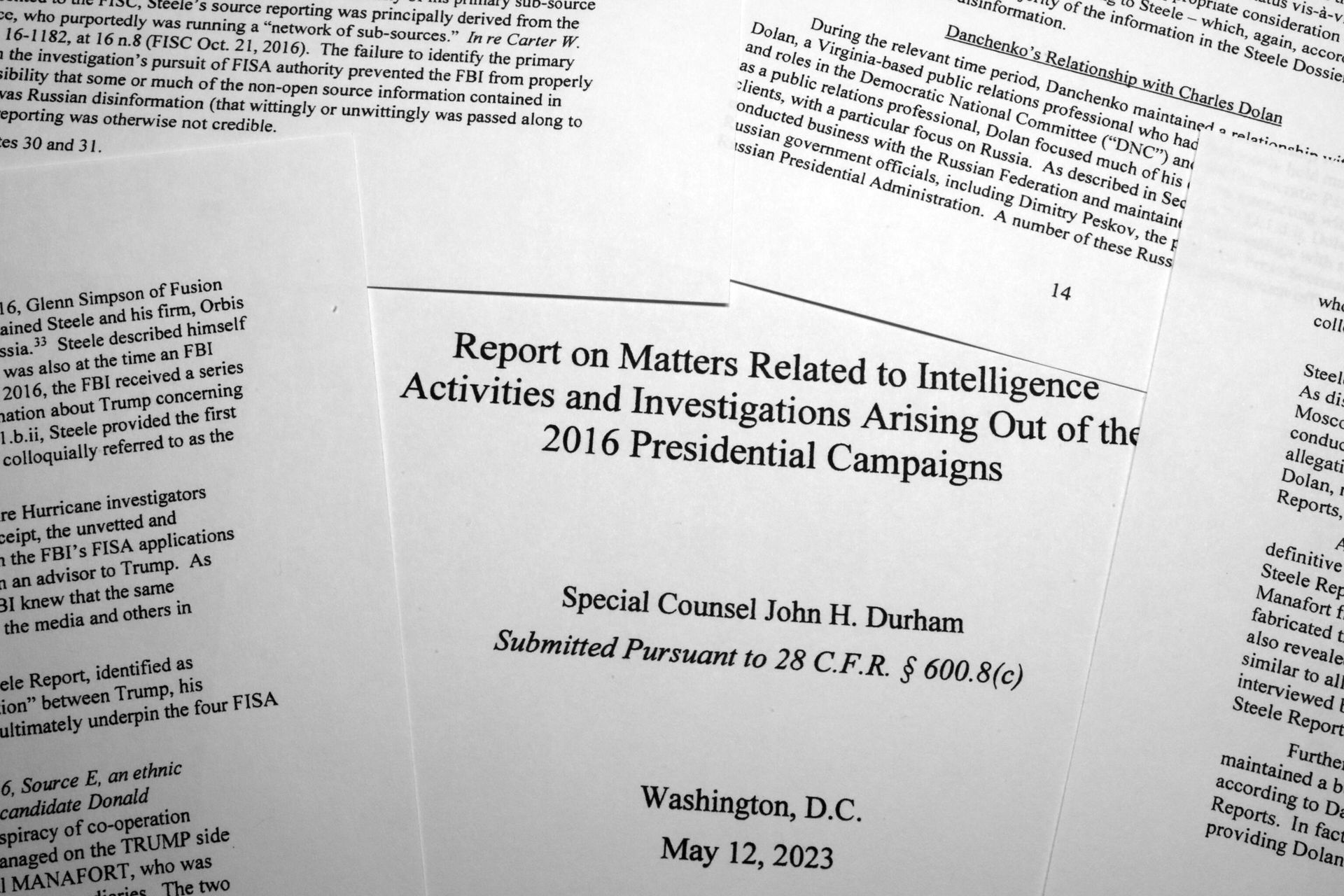 The final report by special prosecutor John Durham is photographed Monday, May 15, 2023. Durham ended his four-year investigation into possible FBI misconduct in its probe of ties between Russia and Donald Trump's 2016 presidential campaign. The final report by special prosecutor John Durham is photographed Monday, May 15, 2023. Durham ended his four-year investigation into possible FBI misconduct in its probe of ties between Russia and Donald Trump's 2016 presidential campaign. - Sputnik International, 1920, 21.06.2023