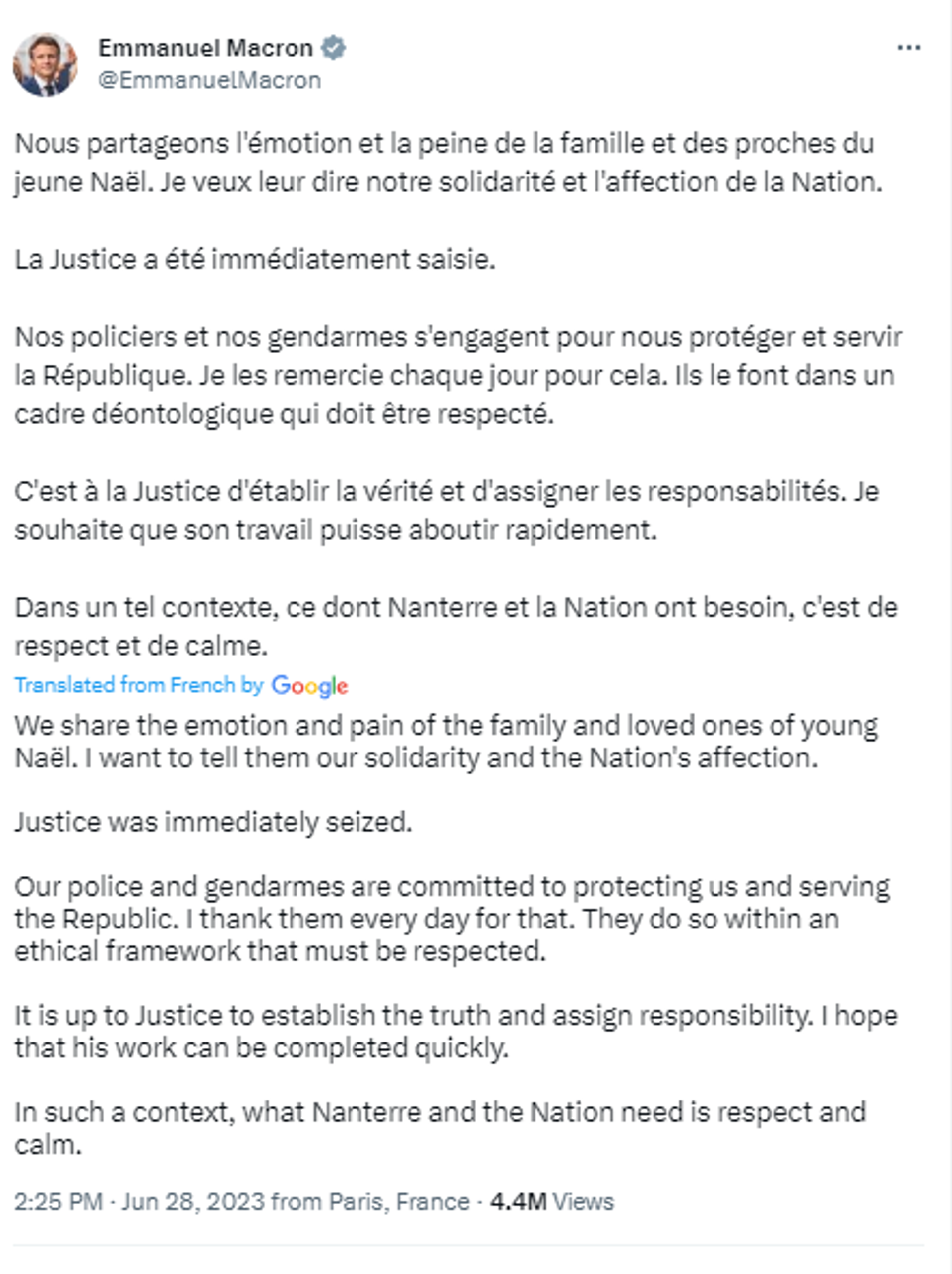 Screenshot of Twitter post by French President Emmanuel Macron. Screenshot of Twitter post by French President Emmanuel Macron. - Sputnik International, 1920, 30.06.2023