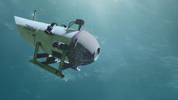 An artist's representation of the Titan submersible used by OceanGate Expeditions, which imploded near the wreck of the RMS Titanic on June 18, 2023. Five died in the accident. - Sputnik International