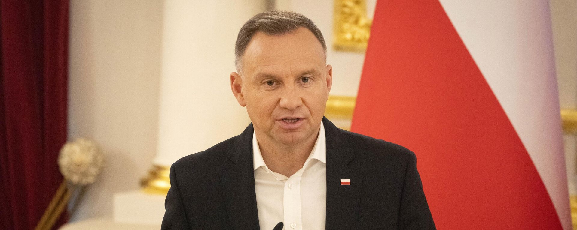 Polish President Andrzej Duda speaks during joint news conference with Ukrainian President Volodymyr Zelenskyy and Lithuania's President Gitanas Nauseda following their talks at The Mariinskyi Palace in Kyiv, Ukraine, Wednesday, June 28, 2023.  - Sputnik International, 1920, 26.05.2025