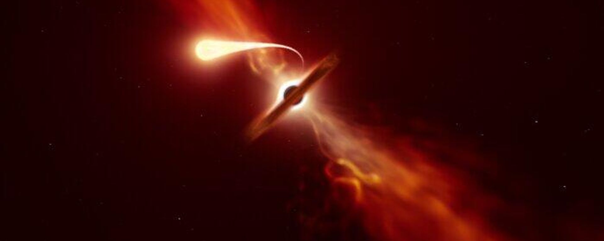 This illustration depicts a star (in the foreground) experiencing spaghettification as it’s sucked in by a supermassive black hole (in the background) during a ‘tidal disruption event’. In a new study, done with the help of ESO’s Very Large Telescope and ESO’s New Technology Telescope, a team of astronomers found that when a black hole devours a star, it can launch a powerful blast of material outwards. - Sputnik International, 1920, 31.01.2024