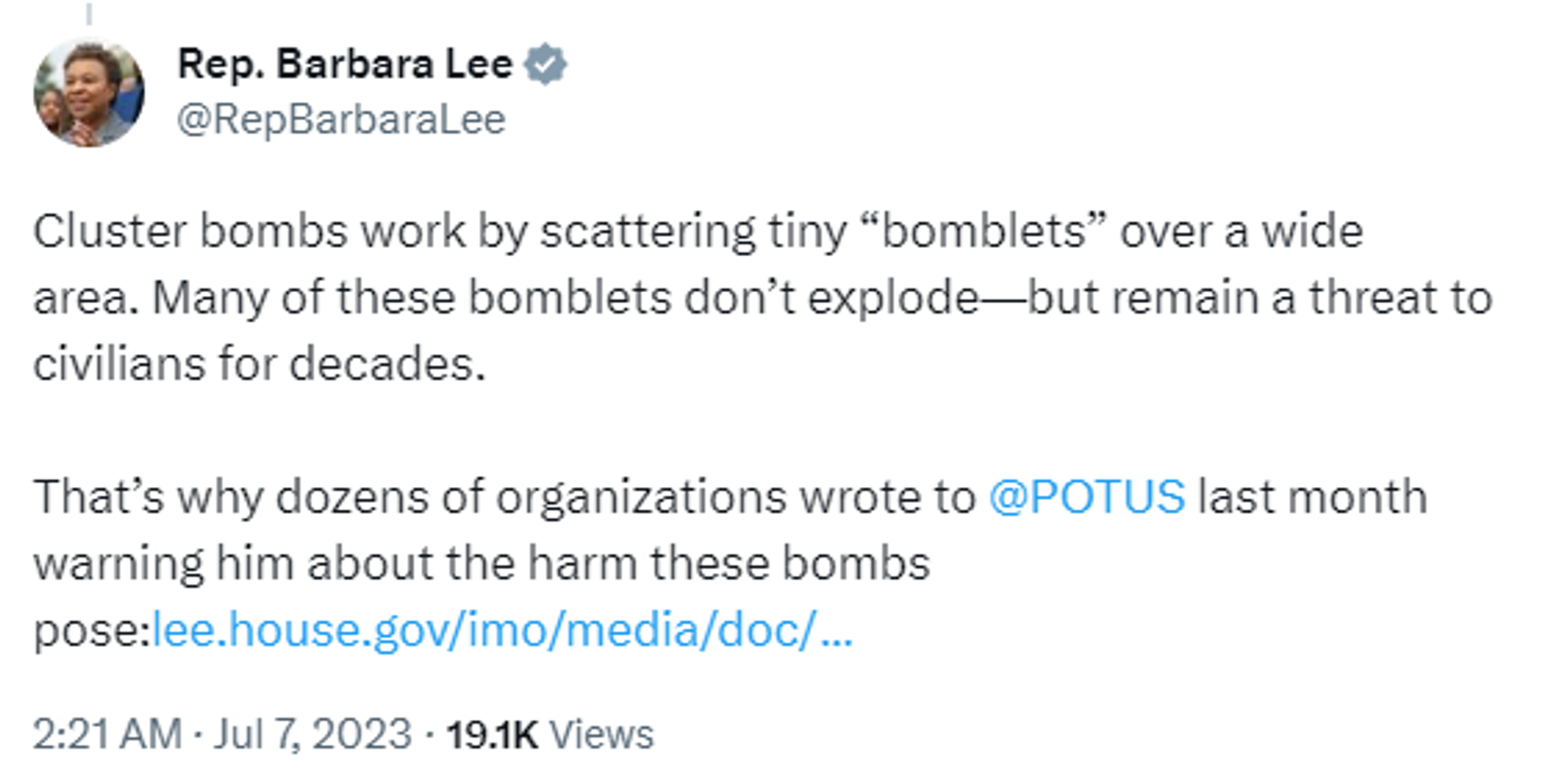 Screengrab of Twitter post by Rep. Barbara Lee (D-Calif.). - Sputnik International, 1920, 08.07.2023