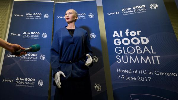 Sophia an artificially intelligent (AI) human-like robot pictured during the AI for Good Global Summit on June 7, 2017, in Geneva.  - Sputnik International
