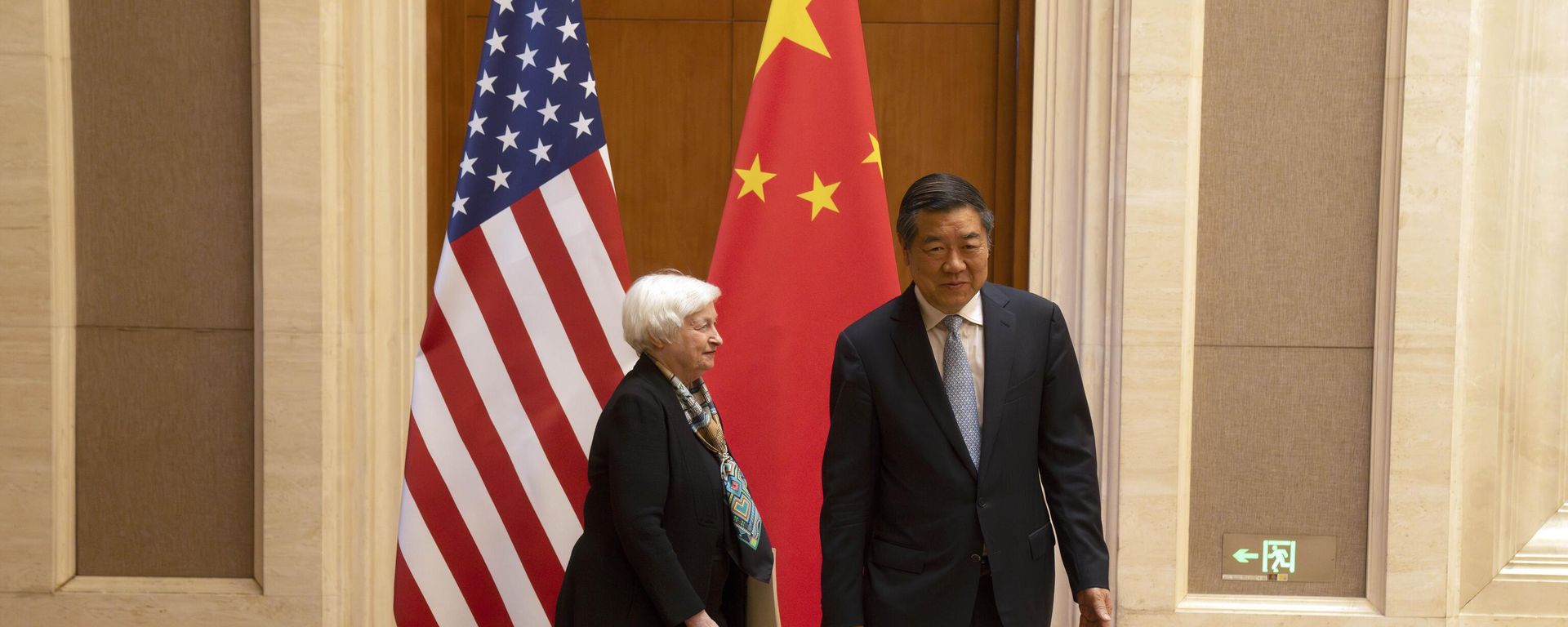 Treasury Secretary Janet Yellen, left, and Chinese Vice Premier He Lifeng walk during a meeting at the Diaoyutai State Guesthouse in Beijing, China Treasury Secretary Janet Yellen, left, and Chinese Vice Premier He Lifeng walk during a meeting at the Diaoyutai State Guesthouse in Beijing, China - Sputnik International, 1920, 06.11.2023