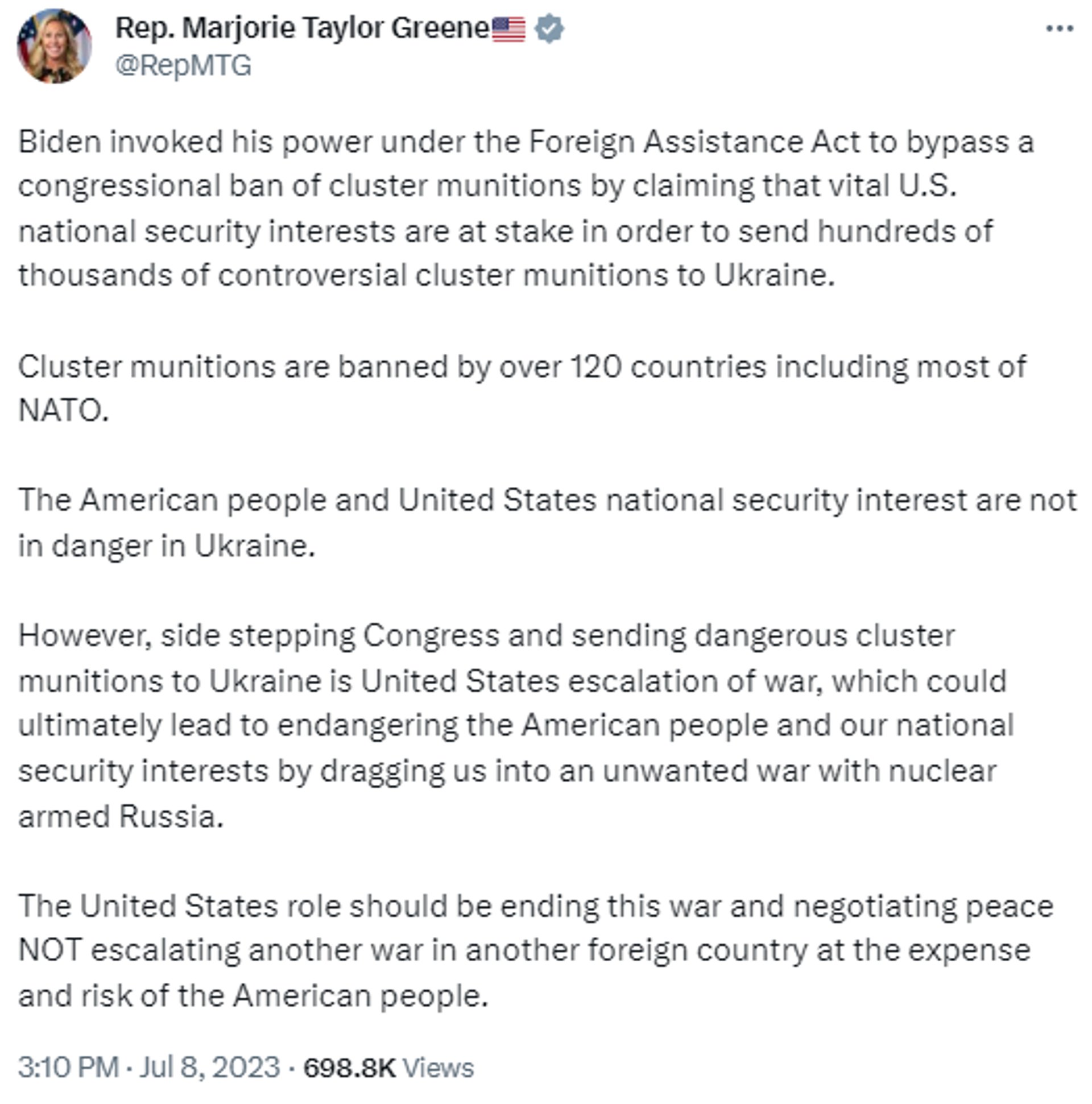 Screenshot of Twitter post by Congresswoman Marjorie Taylor Greene (R-GA). - Sputnik International, 1920, 09.07.2023