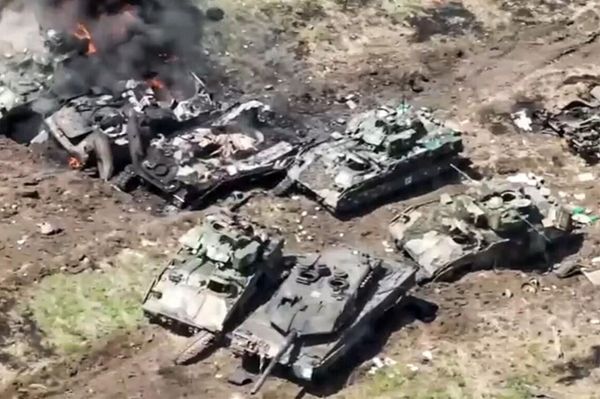 Leopard 2 and Bradley pictured among destroyed and damaged Ukrainian vehicles. Screenshot of Russian Defense Ministry video. - Sputnik International